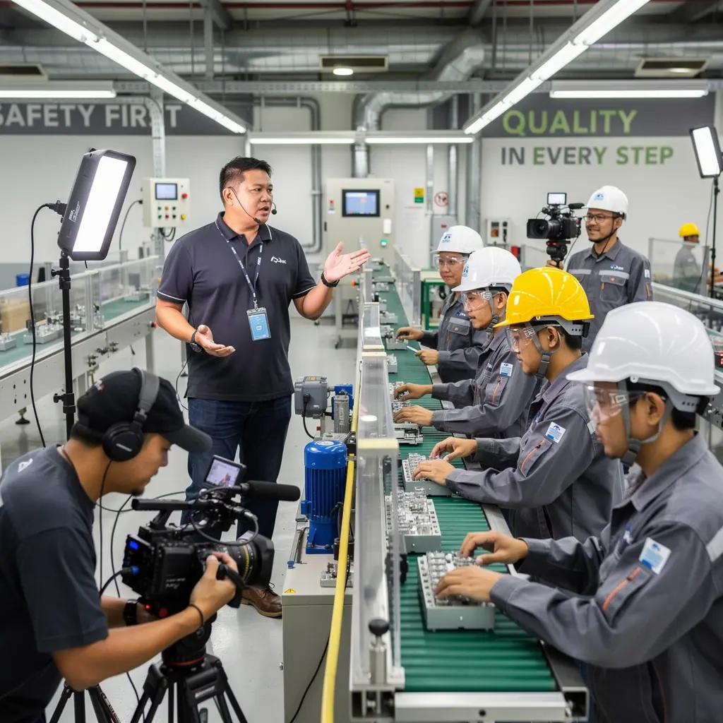 A behind-the-scenes shot of a video editor working on a business promotional film.