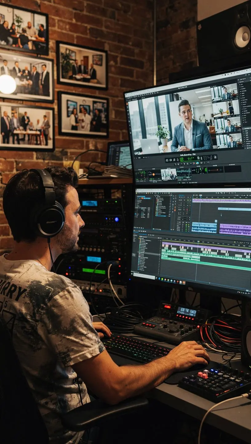 A close-up of a camera capturing dynamic footage during a corporate interview.