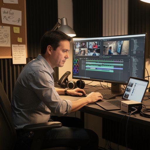 A professional video production team filming a corporate event in a modern office setting.