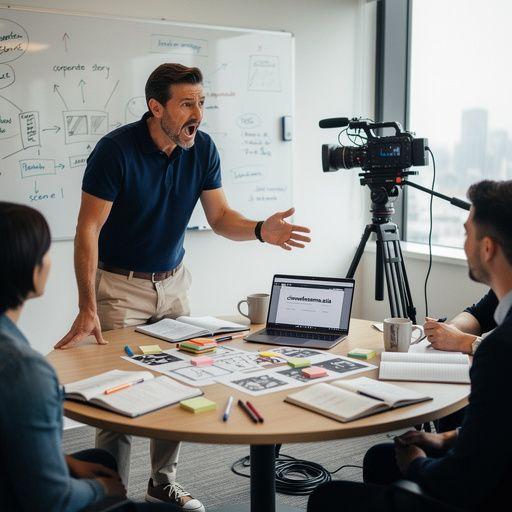 A behind-the-scenes shot of a team brainstorming ideas for a new business promotional film.